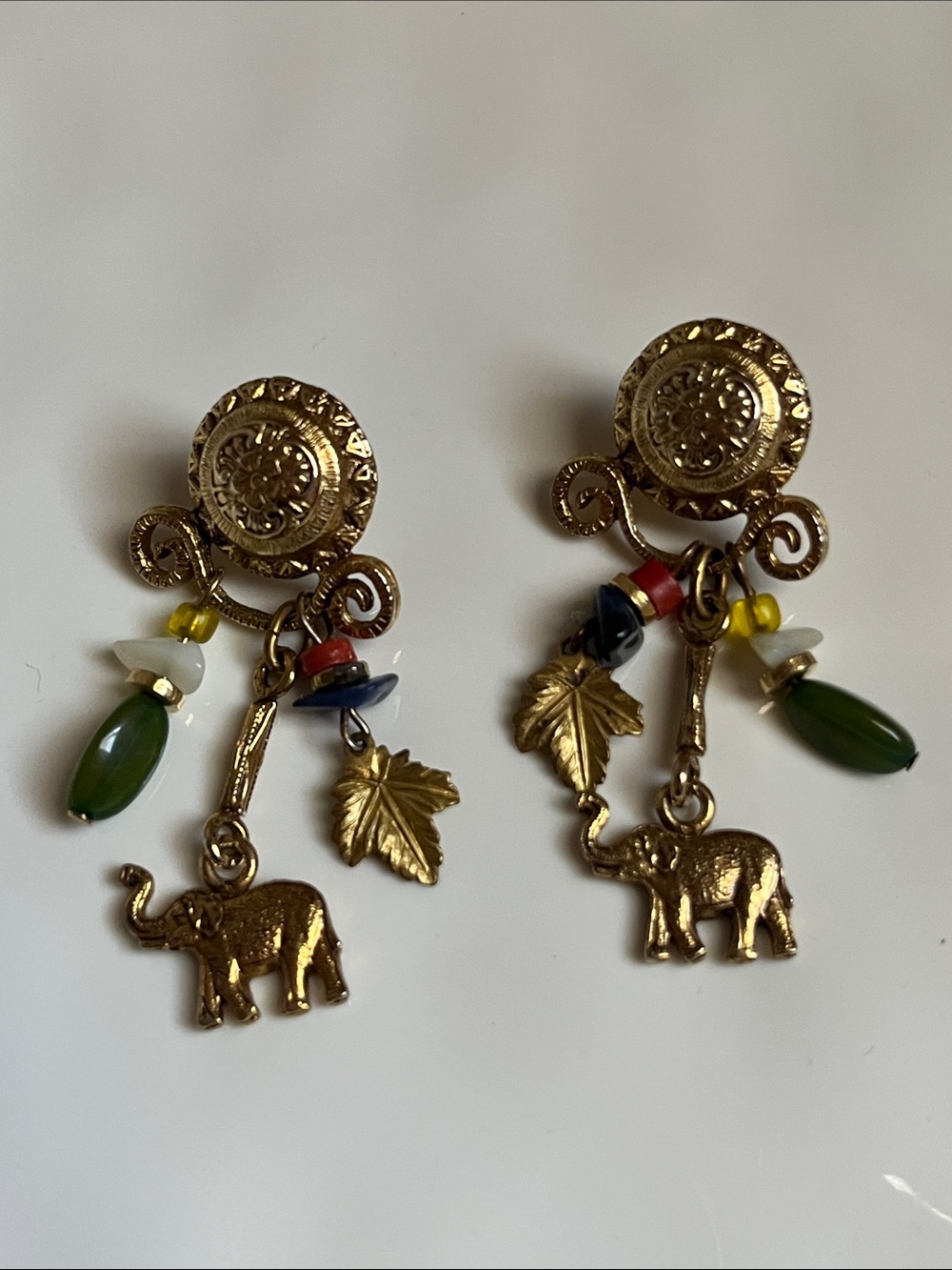 Vintage Gold-Tone Elephant Drop Earrings Green Bead Accents
